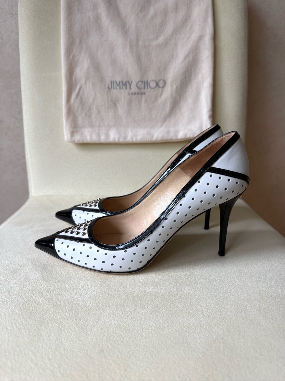 Jimmy Choo White and Black Perforated Studded  Pumps 8.5/39.5